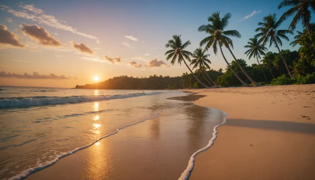 Beautiful beach at sunset booked with acx travel.