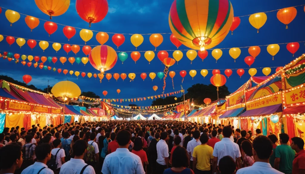 Festival at evening with paper lanterns strung across stalls.