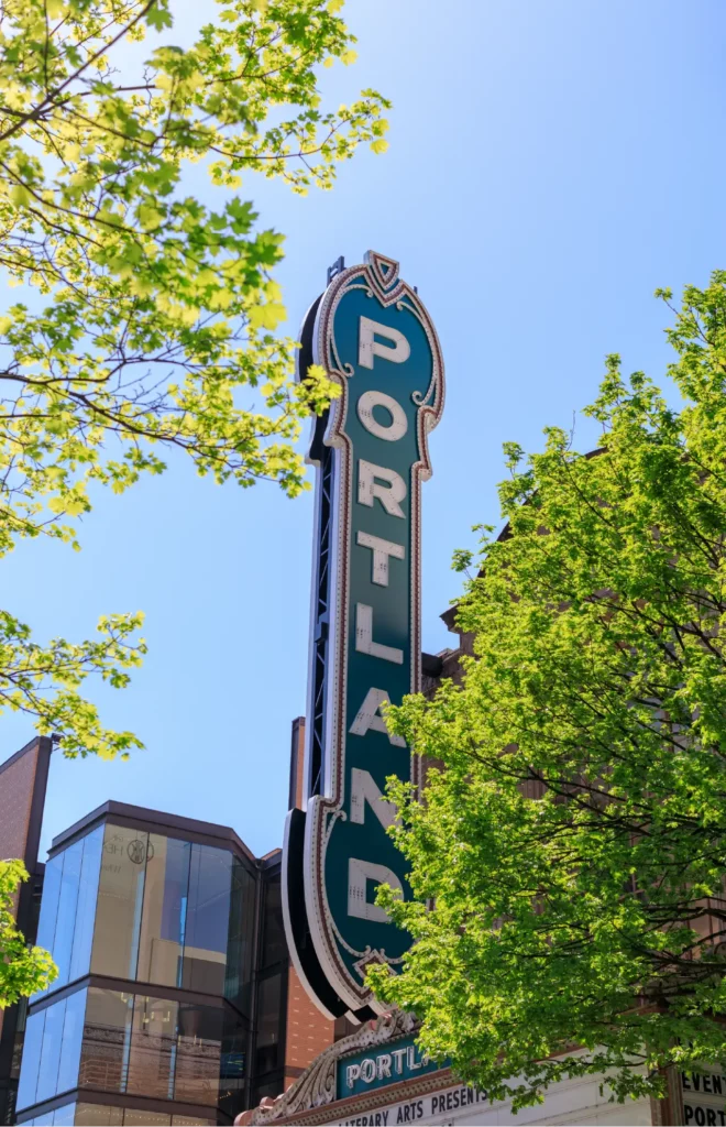 Historic portland sign in downtown portland oregon taken on acx travel craft beer tour.