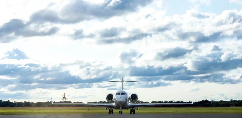 Private plane ready for take off to take acx travel passengers to next destination.