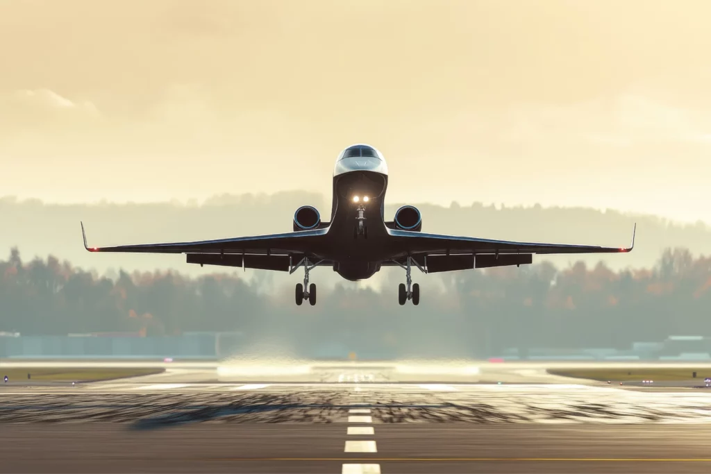 Private plane taking off on return trip booked with acx travel.